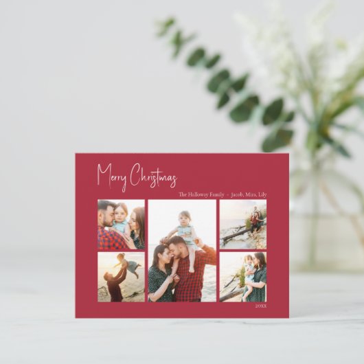 Moderne Kerstmis | Red Five-Photo Holiday Kaart (Staand voorkant)