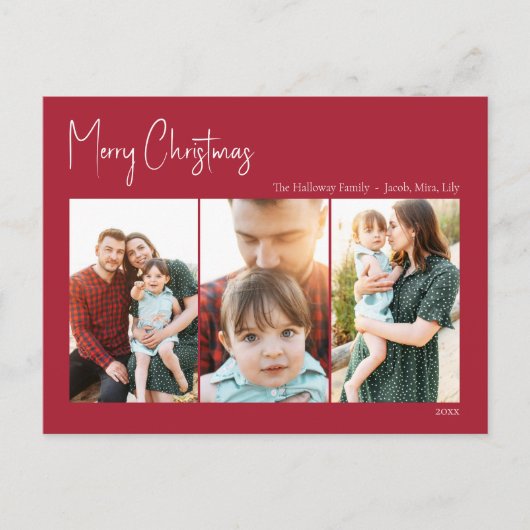 Moderne Kerstmis | Red Three-Photo Feestdagenkaart (Voorkant)