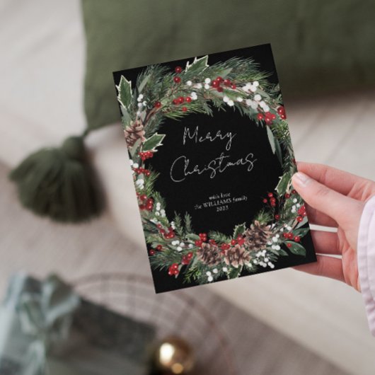 Moderne Kerstmis Rode Bes Botanische Krans Feestdagenkaart