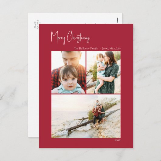 Moderne Kerstmis | Rode Verticaal 3 Foto Feestdagenkaart (Voorkant / Achterkant)