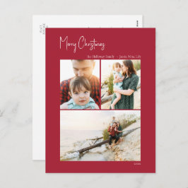 Moderne Kerstmis | Rode Verticaal 3 Foto Feestdagenkaart