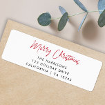 Moderne Kerstmis | Rood script retouradres Etiket<br><div class="desc">Een stijlvol vakantielabel met een informeel casual handgeschreven scripttypografie "Vrolijk kerstfeest" in rood op een eenvoudige,  minimalistische witte achtergrond. Het adres kan gemakkelijk worden aangepast voor een persoonlijke aanraking. Een eenvoudig,  minimalistisch en hedendaags kerstontwerp om dit vakantieseizoen te weerstaan!</div>
