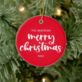 Moderne Kerstmis Rood Wit Script Achter Foto Keramisch Ornament