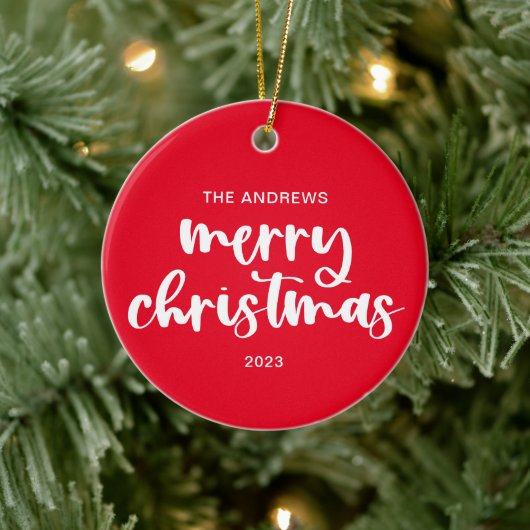 Moderne Kerstmis Rood Wit Script Achter Foto Keramisch Ornament (Boom)