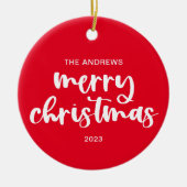 Moderne Kerstmis Rood Wit Script Achter Foto Keramisch Ornament (Voorkant)