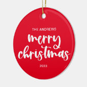 Moderne Kerstmis Rood Wit Script Achter Foto Keramisch Ornament (Links)