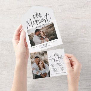Moderne Kerstmis rustieke multi foto save the date All In One Uitnodiging