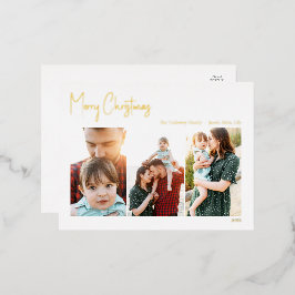Moderne Kerstmis Script Drie Foto | Goud Folie Ho Feestdagen Briefkaart