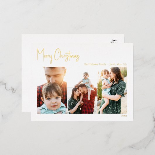 Moderne Kerstmis Script Drie Foto | Goud Folie Ho Feestdagen Briefkaart (Voorkant / Achterkant)