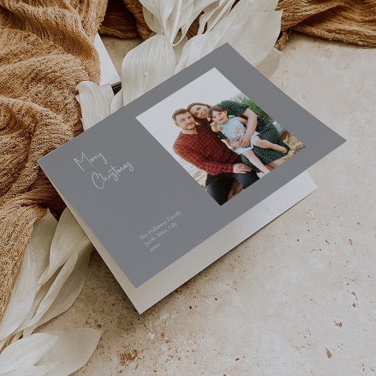 Moderne Kerstmis | Silver Folded Single Photo Feestdagen Kaart