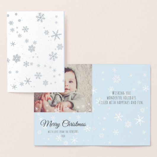 Moderne Kerstmis Sneeuwvlokken Bericht Familie Fot Folie Kaarten (Display)