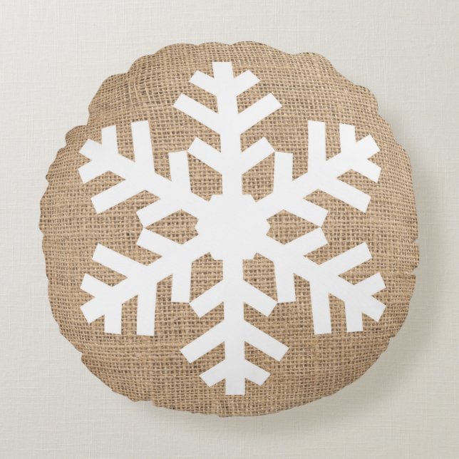 Moderne kerstmis Snowflake Rustic Burlap Rond Kussen (Voorkant)