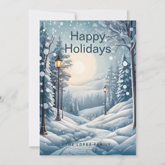 Moderne Kerstmis Winter Sneeuwval Forest Pine Tree Feestdagenkaart (Voorkant)