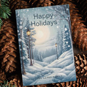 Moderne Kerstmis Winter Sneeuwval Forest Pine Tree Feestdagenkaart