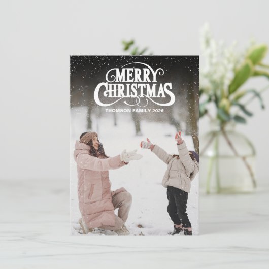 Moderne Kerstmis Witte Script Overlay Foto Feestdagenkaart (Staand voorkant)