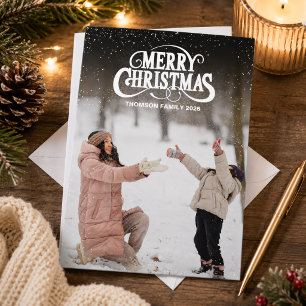 Moderne Kerstmis Witte Script Overlay Foto Feestdagenkaart