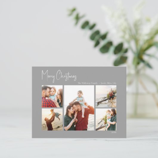Moderne Kerstmis | Zilver Script Five-Photo Feestdagenkaart (Staand voorkant)