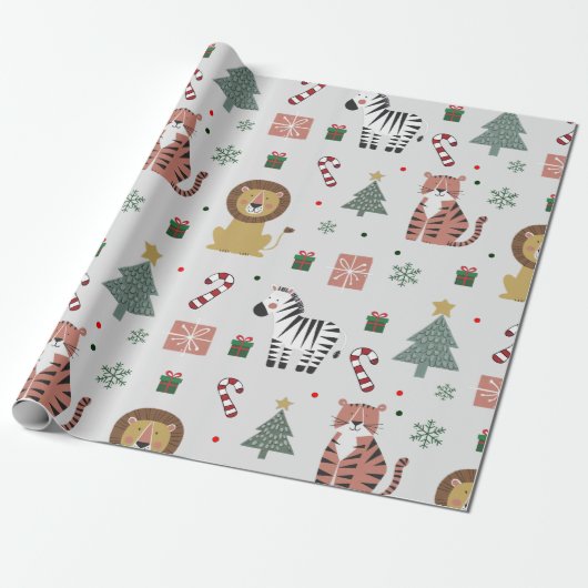 Moderne Kerstsafari Dieren Tijgerleeuw Zebra Cadeaupapier (Uitgerold)