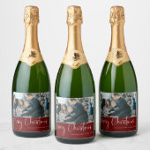 Moderne kerstscript 2 Foto Collage Red Sparkling Wijnetiket (Flessen)