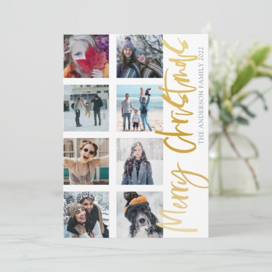 Moderne kerstscript 8 Foto Collage Feestdagenkaart (Staand voorkant)