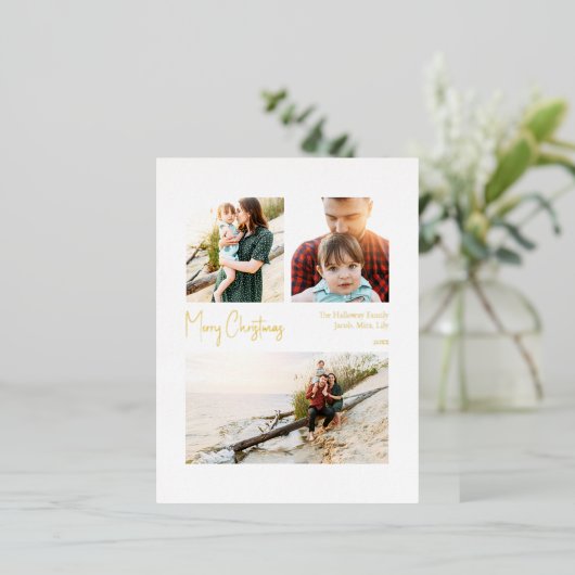 Moderne kerstscript drie foto Gold Folie Feestdagen Briefkaart (Staand Voorkant)