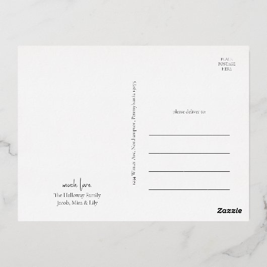 Moderne kerstscript drie foto Gold Folie Feestdagen Briefkaart (Achterkant)