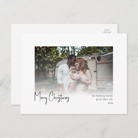 Moderne kerstscript Faded Fotovakantie Postca Feestdagenkaart (Voorkant / Achterkant)