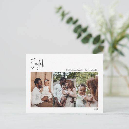 Moderne Kerstscript Gelukkige Drie-Foto Feestdagenkaart (Staand voorkant)