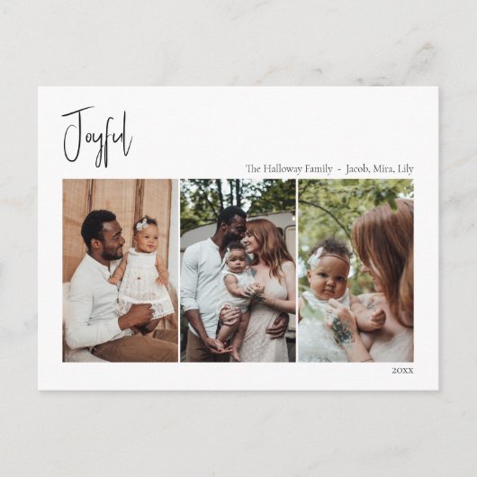 Moderne Kerstscript Gelukkige Drie-Foto Feestdagenkaart (Voorkant)