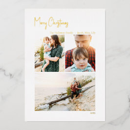 Moderne kerstscript - Verticaal 3-foto | Gold Fo Folie Feestdagenkaart