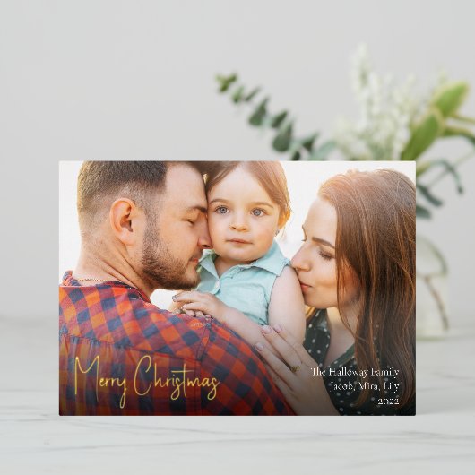 Moderne kerstscript, volledige foto Gold Folie Feestdagenkaart (Staand Voorkant)