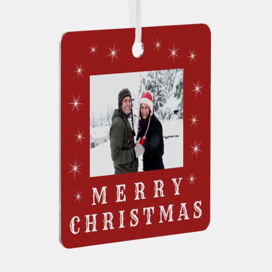 Moderne kerstsneeuwfamilie foto rood metalen ornament (Voorkant Rechts)