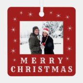 Moderne kerstsneeuwfamilie foto rood metalen ornament (Achterkant)