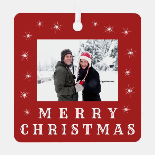 Moderne kerstsneeuwfamilie foto rood metalen ornament (Achterkant)