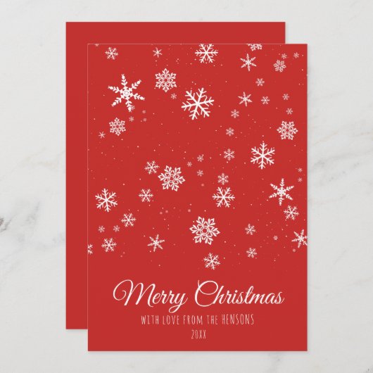 Moderne kerstsnowflakes - rood feestdagenkaart (Voorkant / Achterkant)