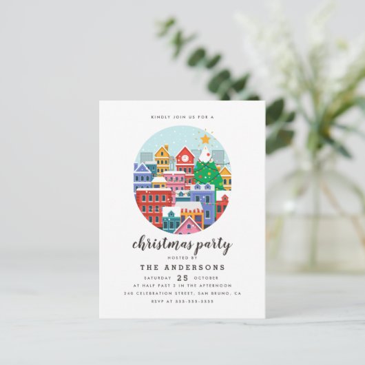 Moderne kerststad feestdag uitnodiging briefkaart (Staand voorkant)