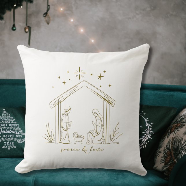 Moderne Kerststal vrede liefde godsdienstig  Kussen (modern elegant gold Christmas Nativity religious holiday throw pillow room decor gift)