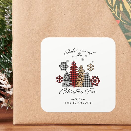 Moderne Kerststickers – Bomen & Sneeuwvlokken Vierkante Sticker