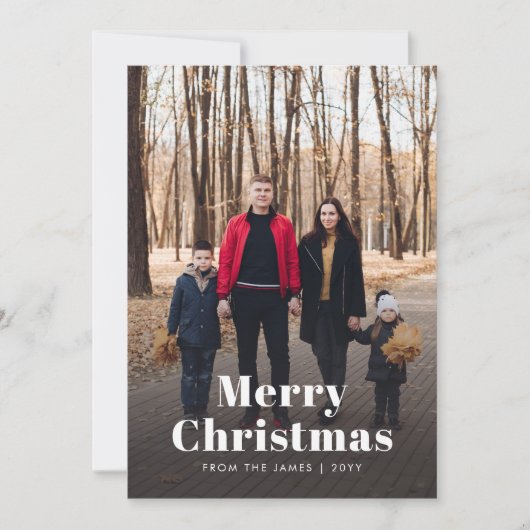 Moderne kerststijlvolle minimalistische familiefot feestdagenkaart (Voorkant)