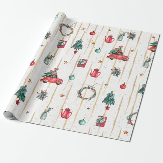 Moderne kerstsymbolen cadeaupapier (Uitgerold)