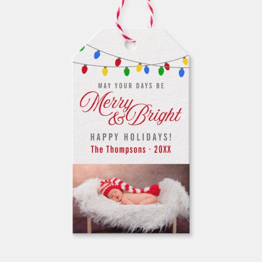 Moderne kerstverlichting | Vrolijke & heldere foto Cadeaulabel (Voorkant)