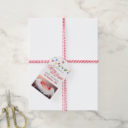 Moderne kerstverlichting | Vrolijke & heldere foto Cadeaulabel (Met Touw)