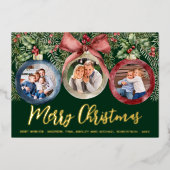 Moderne kerstversieringen in script 3 Foto's Green Folie Feestdagenkaart (Voorkant)