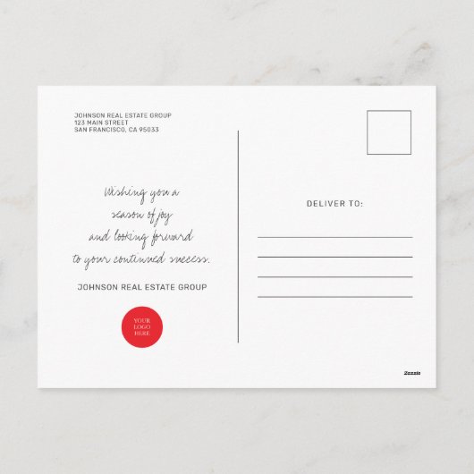 Moderne kerstversieringen met rood en groene pine feestdagenkaart (Achterkant)