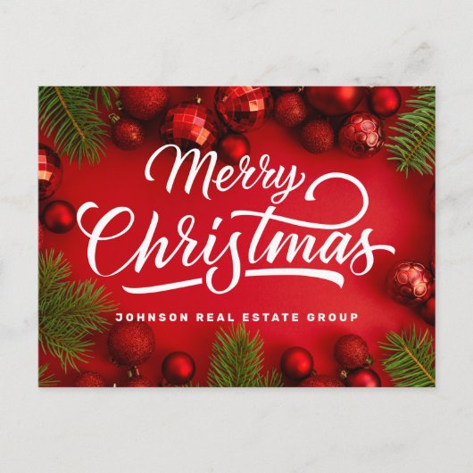 Moderne kerstversieringen met rood en groene pine feestdagenkaart (Voorkant)