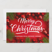 Moderne kerstversieringen met rood en groene pine feestdagenkaart (Voorkant)