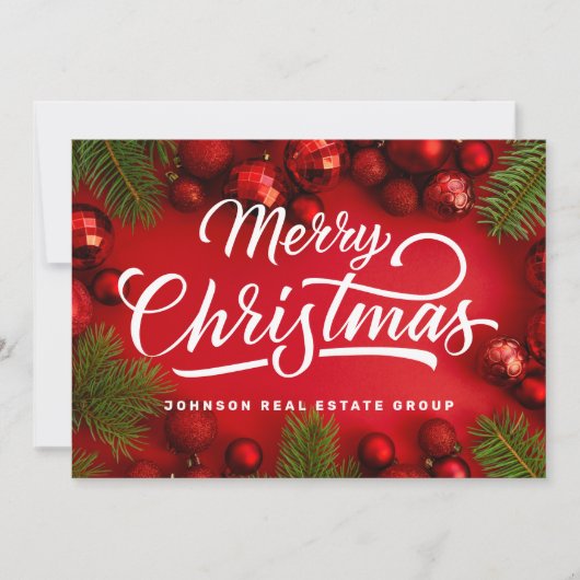 Moderne kerstversieringen met rood en groene pine feestdagenkaart (Voorkant)