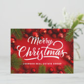 Moderne kerstversieringen met rood en groene pine feestdagenkaart (Staand voorkant)