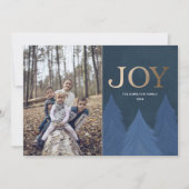 Moderne Kerstvreugde Goud & Blauwe Bomen Feestdagenkaart (Voorkant)