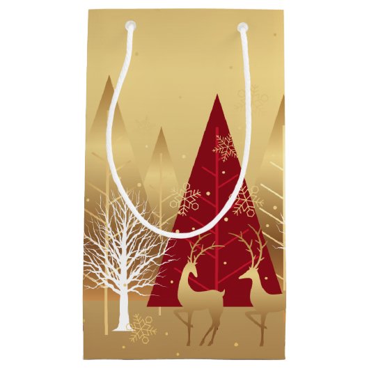 Moderne kerstwinter Deer Scene Gold Red Klein Cadeauzakje (Voorkant)